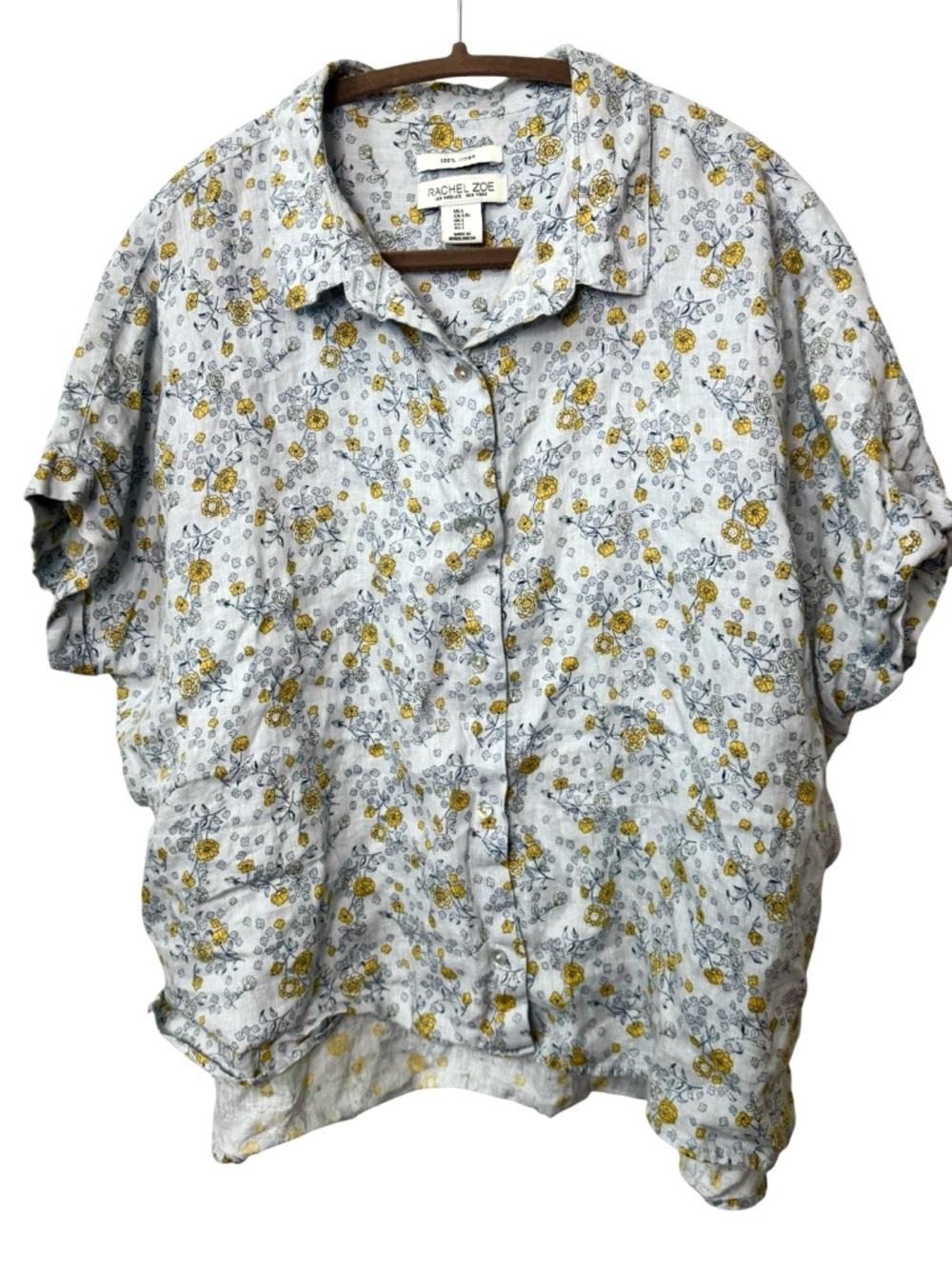 Rachel Zoe 100% Linen Yellow Gray Black Floral Linen Shell Button-Up High Low